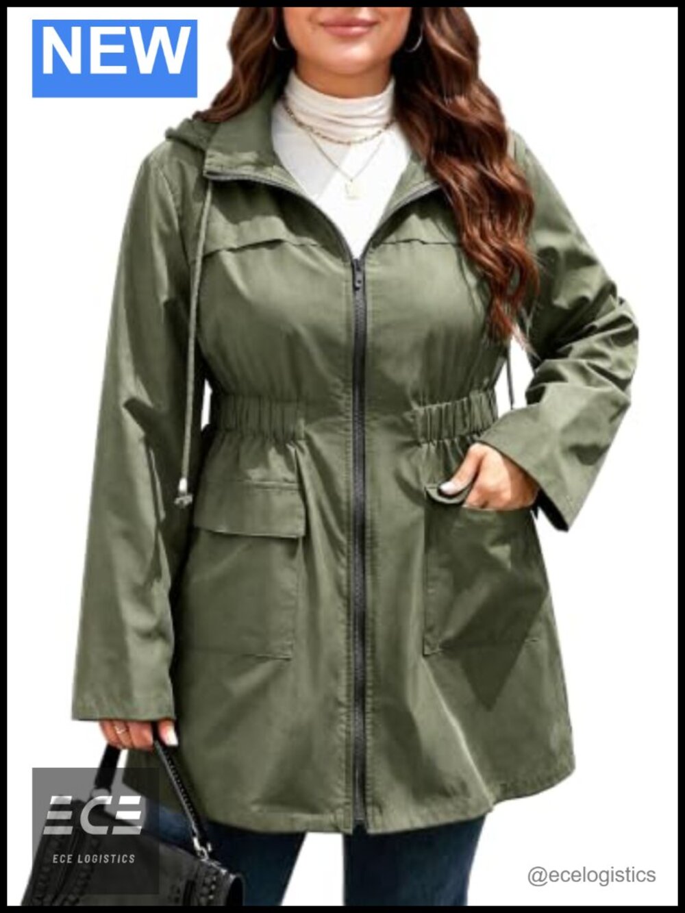 Plus Size Long Anorak Windbreaker Zip Up Hooded Utility Jacket